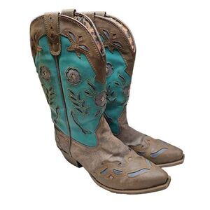 Laredo Women's 7.5M Western Boots Pointed Toe Brown Teal Leather Cutout Designs.